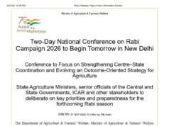 Centre, States to chart Rabi 2026 strategy at two-day Agriculture Conference