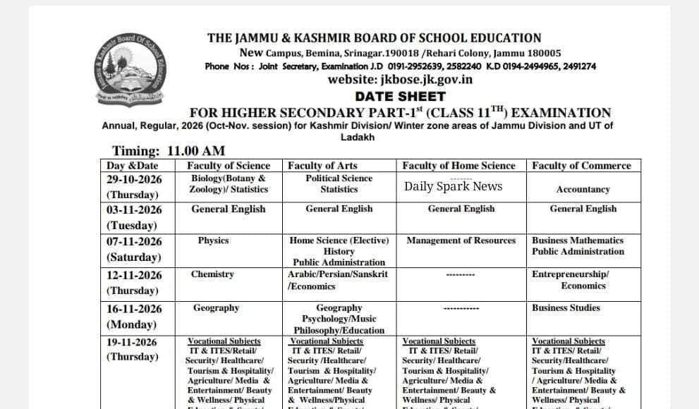 JKBOSE announces annual regular exam dates; Class 10 papers from Oct 19, Class 11 from Oct 29, Class 12 from Oct 21