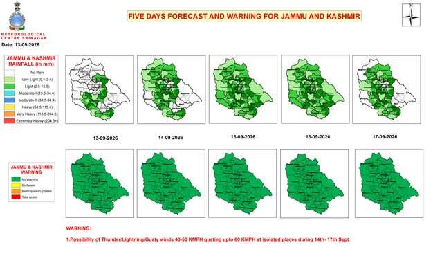 Rain, thunderstorms forecast across J&K from Sept 14 to 17 Rain, thunderstorms forecast across J&K from Sept 14 to 17