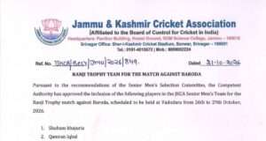 JKCA names 15-member squad for Ranji Trophy clash against Baroda