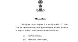 SC Collegium recommends nine advocates for appointment as judges of J&K, Ladakh High Court